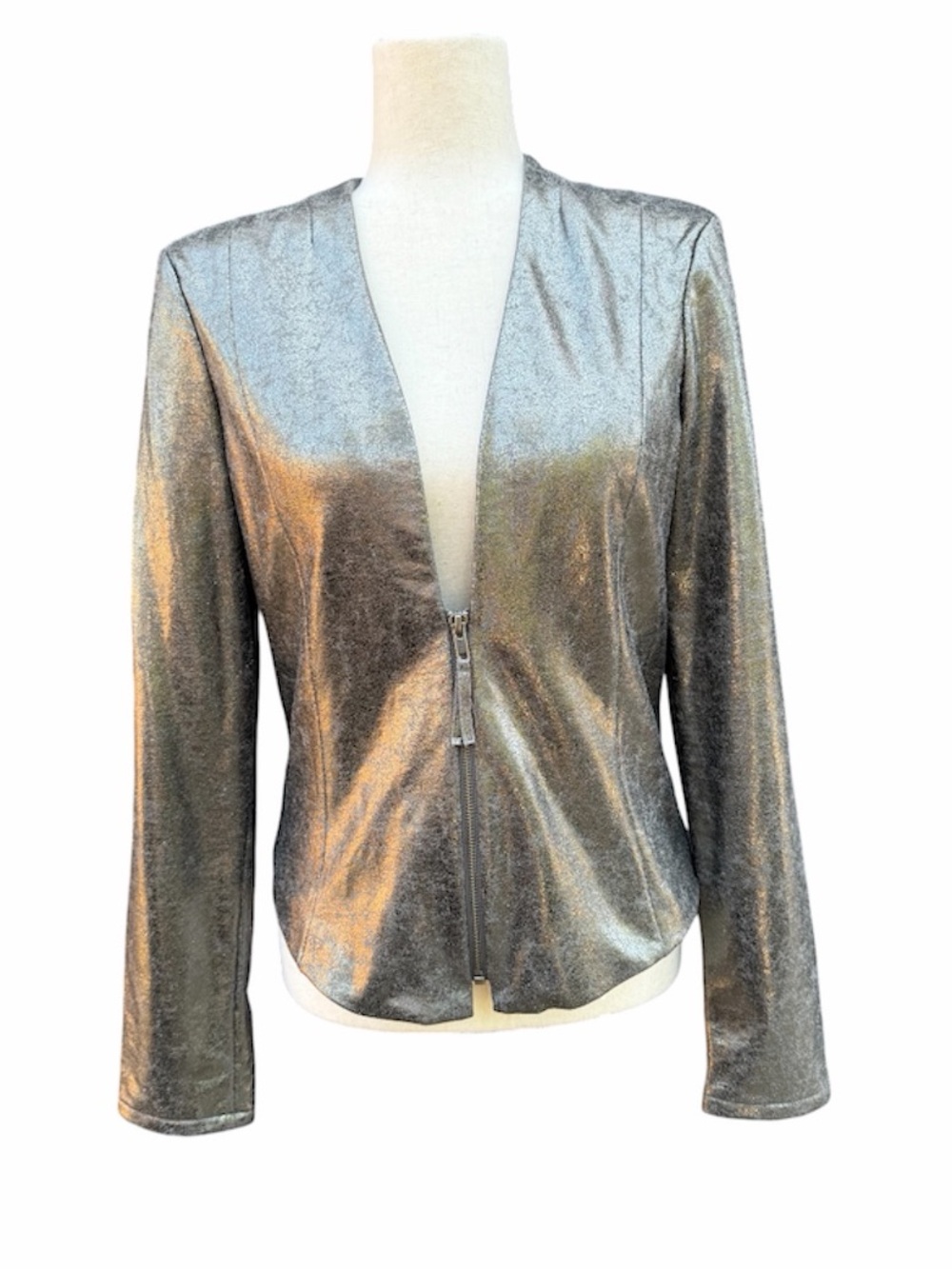Trouve Crackled Metallic Silver Gunmetal Zip-Front Women's Moto Jacket Blazer M